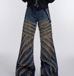Niche Deconstruct Stereoscopic Destruction Striped Micro-ripped Jeans